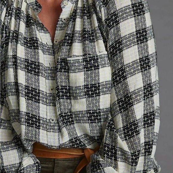 Pilcro Black, White, and yellow Plaid Button-Down Shirt with shoulder ruffles - Picture 2 of 6
